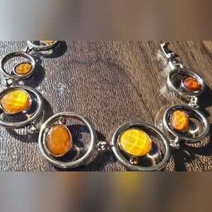 Elegant Silver and Brown Amber Bracelet